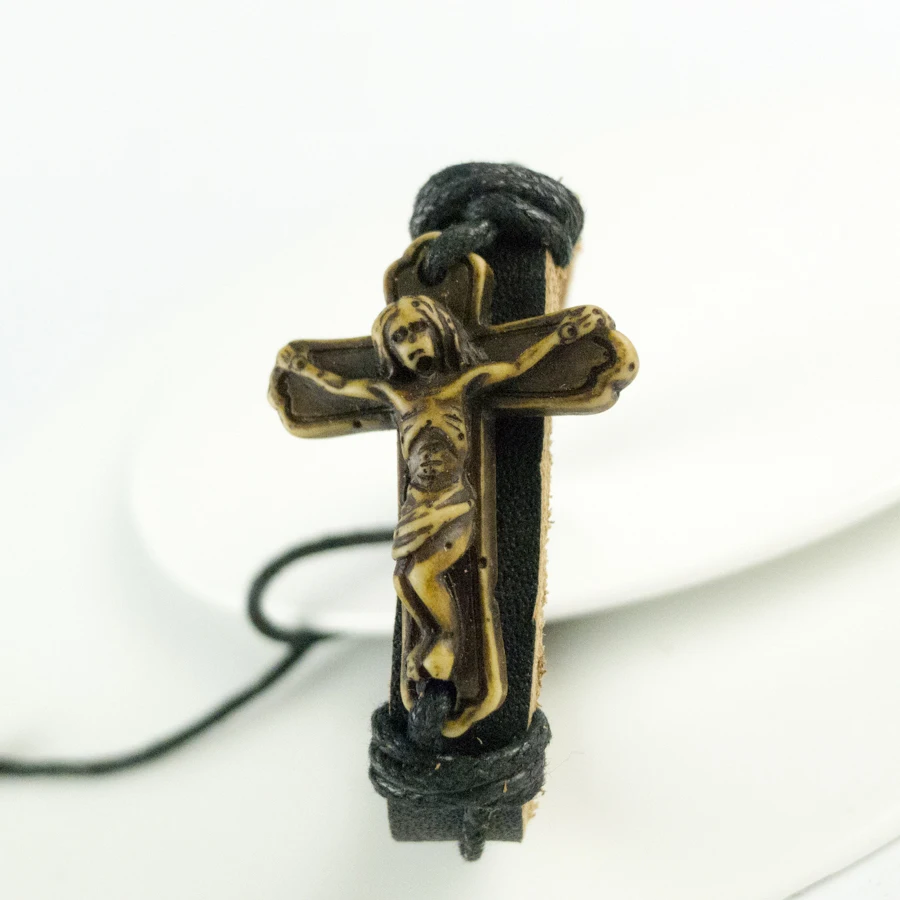 Мужской кожаный браслет Religion Cross материал из кости яка винтажные браслеты для