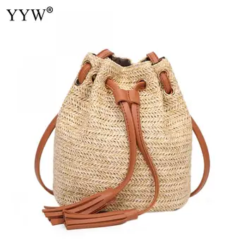 

Ladies Fashion Weave Tassels Shoulder Bucket Bag Women Pink Wummer Beach High Capacity Design Sacs Femme 2019 Straw Bucket Bag