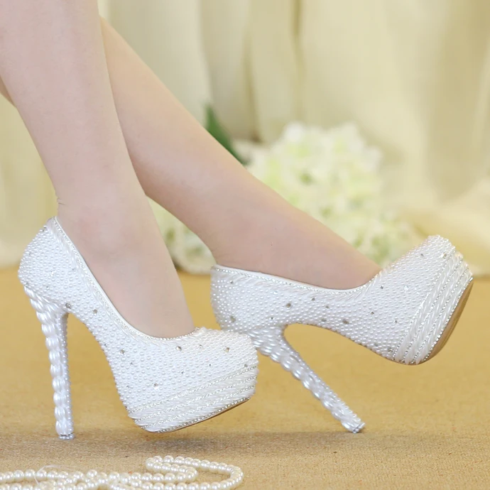 

New arrival pearl rhinestone handmade wedding shoes the bride up heel Platform shoes women's round toe thin heel party pumps