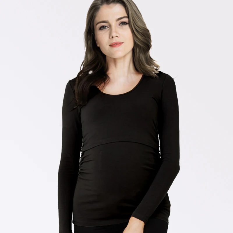 OkayMom черные футболки для кормящих мам синий хлопковый Повседневный плиссированный топ для кормления грудью футболки для беременных женщин беременность мама лактация медсестры одежда рубашка с длинными рукавами одежда