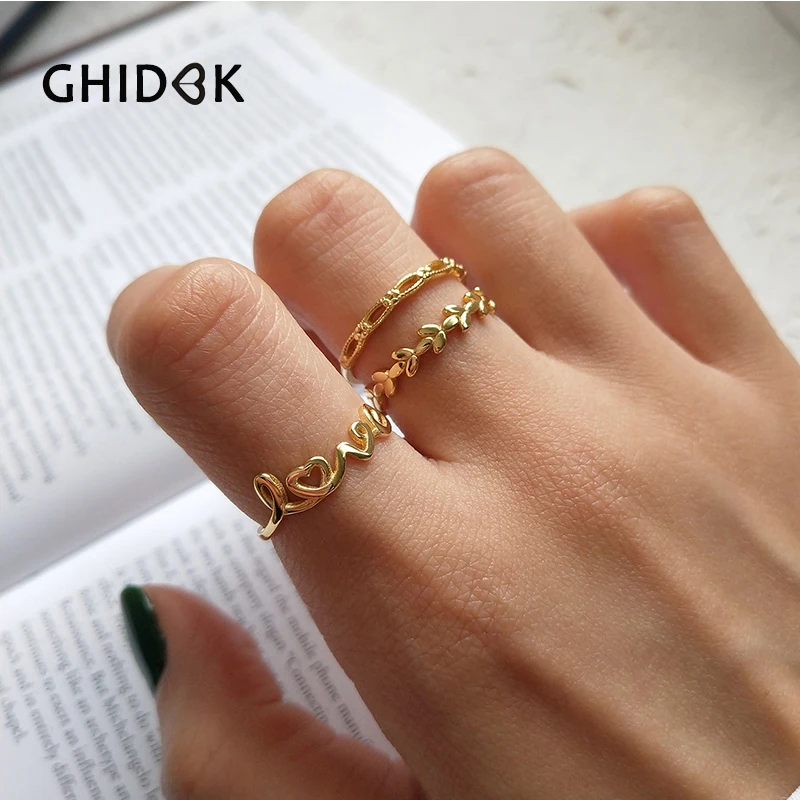 

GHIDBK 925 Sterling Silver Hollow Love Rings For Women Anillos Gold Color Open Leaf Rings Weddings Engagement Rings Jewelry Gift