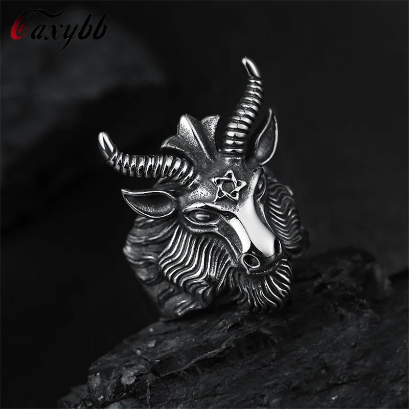 

Vintage Men Gothic Pentacle Satanic Sheep Goat Horn Head Cool Ring Biker Hiphop Rock Woman Men Unique Halloween Animal Jewelry