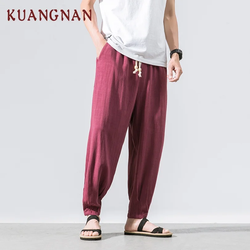 

KUANGNAN Chinese Style Solid Cotton Linen Pants Men Trousers Hip Hop Jogger Pants Men Sweatpants Streetwear Men Pants 2019 New
