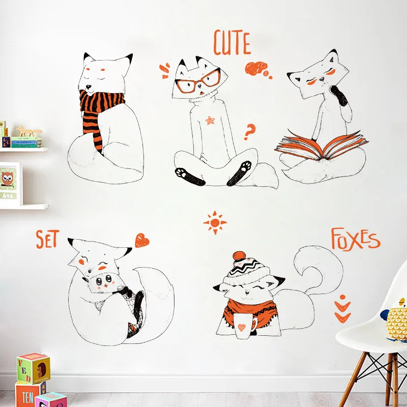 Diy الكرتون رسمت باليد الثعلب ملصقات الحائط غرفة نوم غرفة المعيشة ديكور المنزل للإزالة الطفل خزانة ملصقات الحيوان