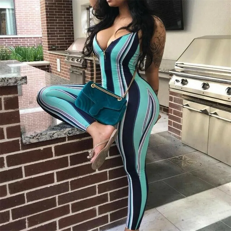 

Women's Striped Jumpsuit Summer Casual Sleeveless Green Color Romper Ladies' New Sexy V-neck Fashionable Playsuit Hot Selling