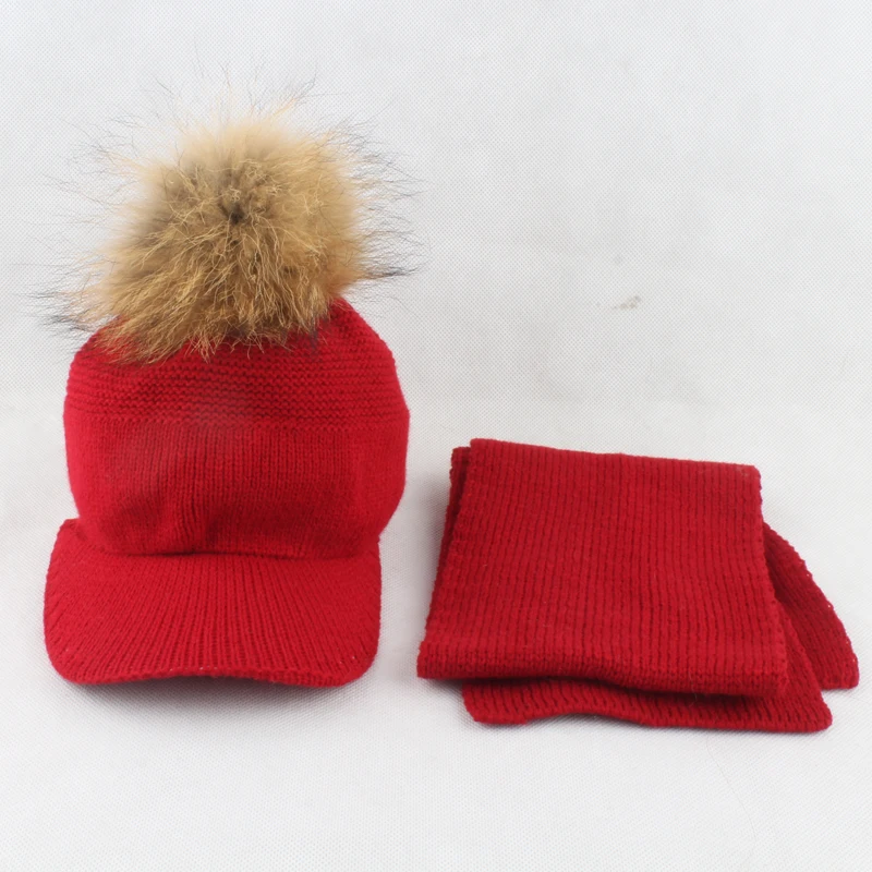 Для мальчиков и девочек натуральный мех Pom бини зимняя теплая шарф шапка для детей вязаная бейсбольная шапка шарф комплект
