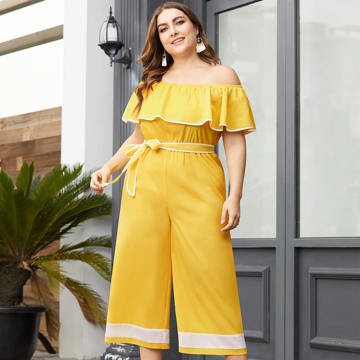 

XL-4XL Plus size Summer Women Jumpsuits Sexy Off Shoulder Ruffle Rompers Casual Ladies Wide Leg Trouser Elegant Jumpsuit Overall