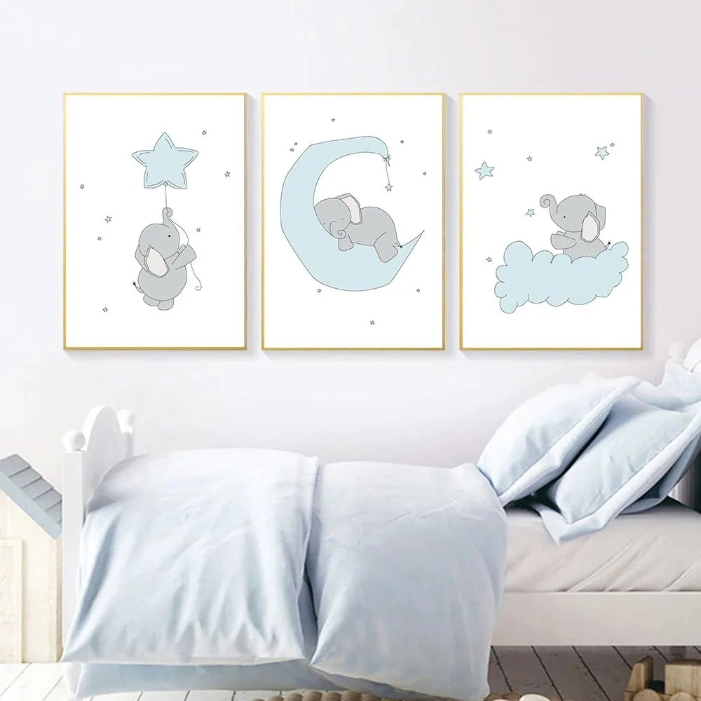 Gohipang Baby Nursery Wall Art Canvas Print Cartoon Blue Elephant