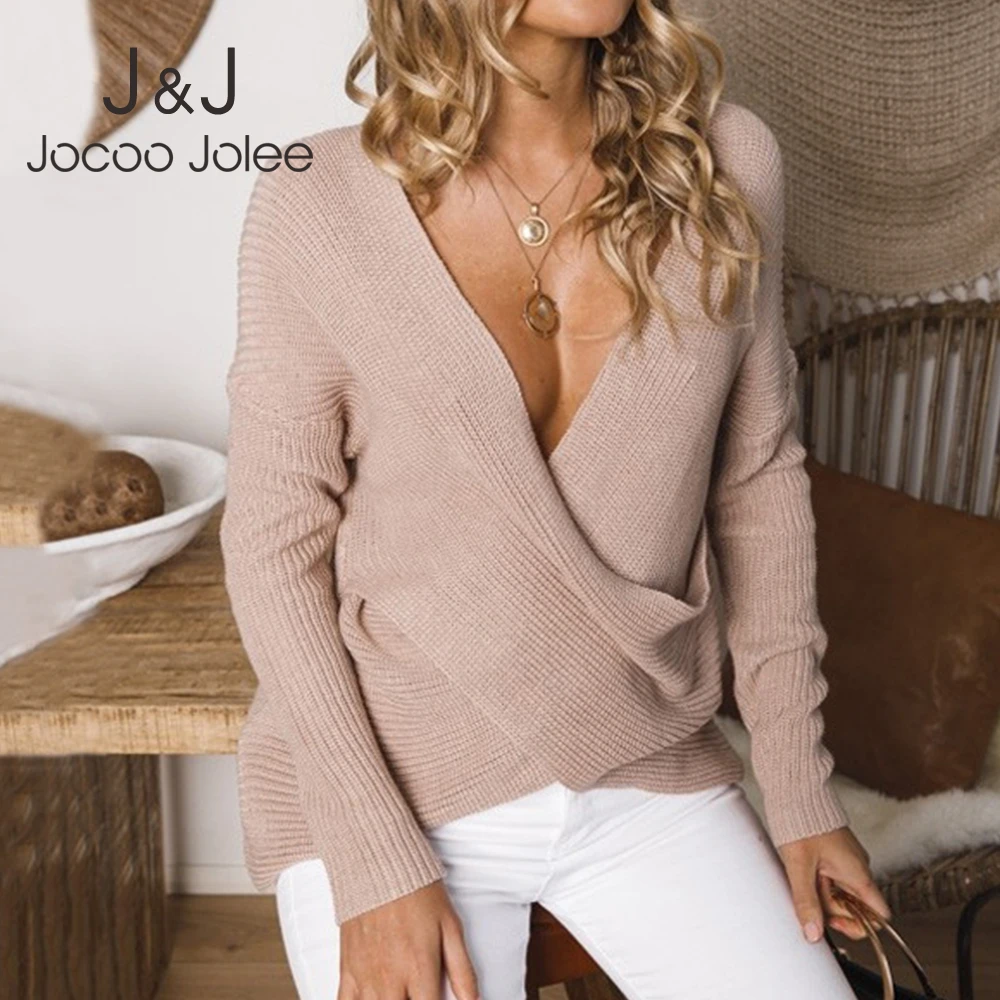 

Jocoo Jolee Women Sexy Autumn Crosses Knitted Sweater Vintage Solid Long Sleeve Slim Pullover Casual Pull Femme Jumper 2019 Tops