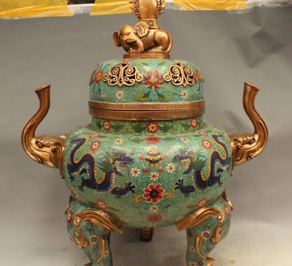 

China Bronze Copper Cloisonne Gild Buddhism Dragon Elephant Incense Burner Cense