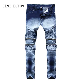 

High Quality New Arrival Nostalgic Retro Elastic Biker Jeans Men Slim Fit Skinny Casual Cotton Blue Trousers,5061