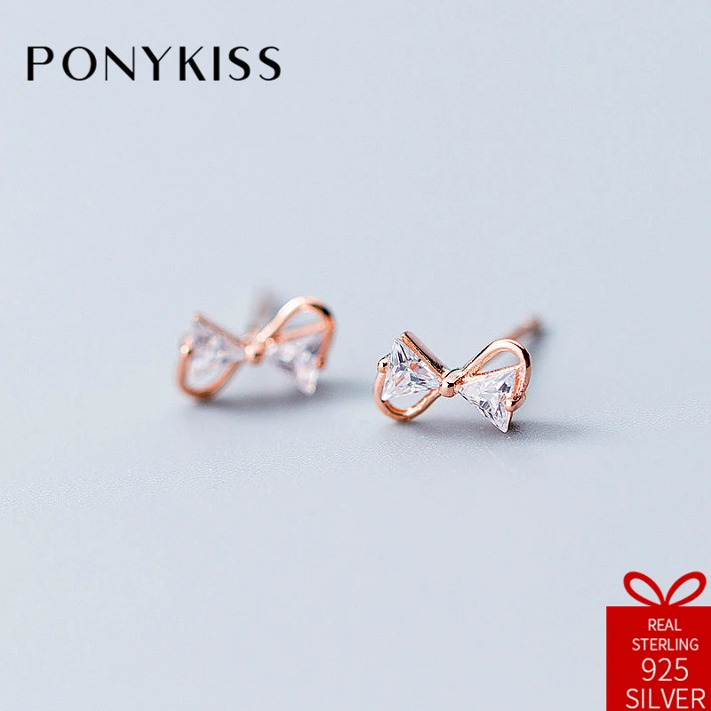 

PONYKISS Romantic S925 Sterling Silver Sweet Zircon Bow-knot Stud Earrings Women Elegant Cute Anniversary Wedding Party Gift