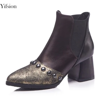 

Olomm Women Shoes Ankle Boots Chelsea Winter Shoes Rivets Square Heel Pointed Toe Gold White Office Shoes Women US Size 3-16