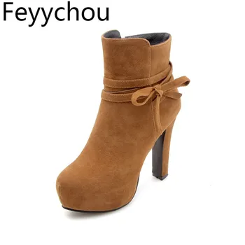 

Women Boots Super High Heel Pu Ankle Butterfly-knot Round Toe Autumn Winter Warm 2018 New Sexy Fashion Black Yellow Beige Gray