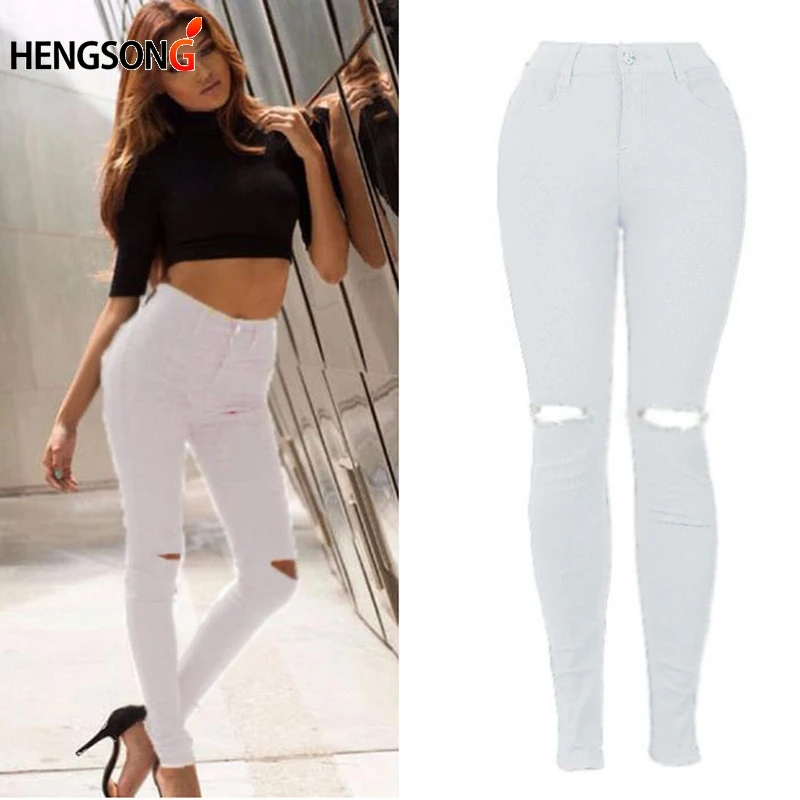 

Fashion Black Hole Jeans Women High Waist Elastic Cool Denim Pants Capris Female Skinny White Casual Pencil Pants Jeans HK833795