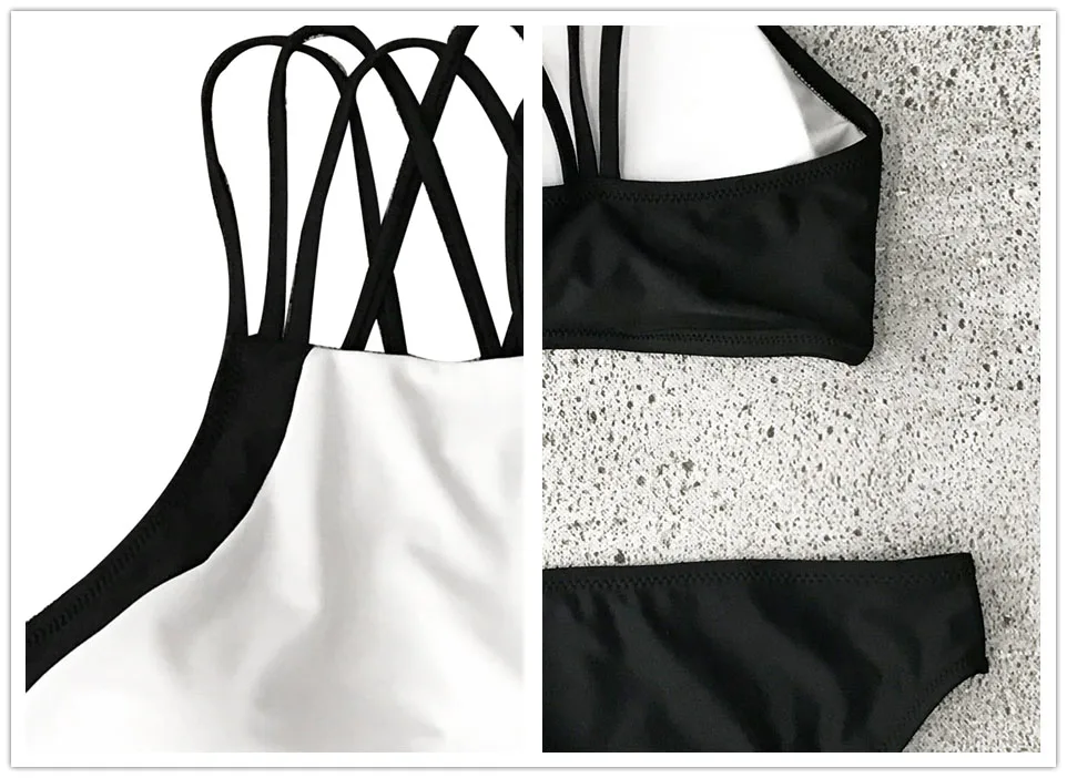 CUPSHE Beach Rock Halter Bikini Set Women Black And White Patchwork Tank Two Pieces Swimwear 2019 Girl Sexy Swimsuits