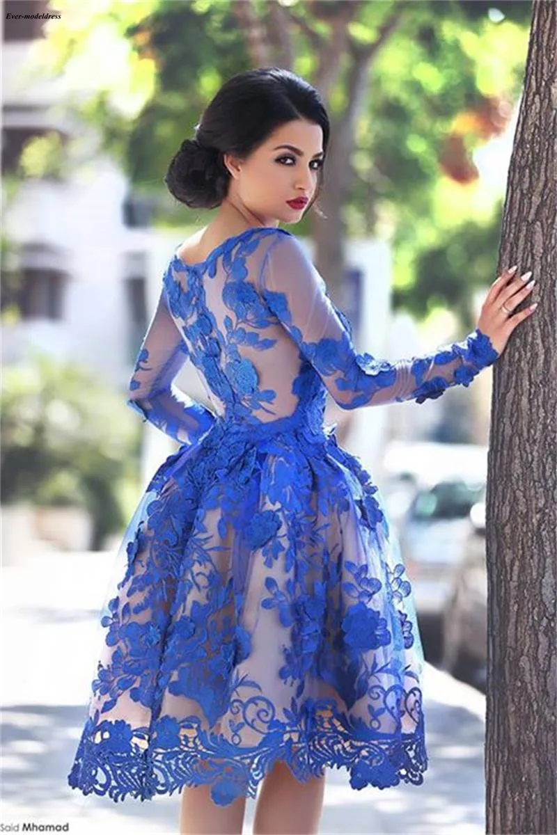 Королевское голубое кружевное коктейльное платье с длинным рукавом с овальным вырезом Иллюзия аппликации арабские вечерние платья до колен размера плюс