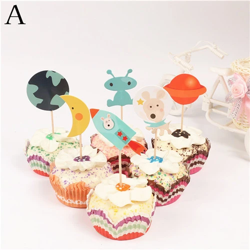 24 Pieces Mignon Fusee Bateau Chien Cosmique Planete Etoiles Alien Robot Cupcake Toppers Gateau Drapeaux Decoration Enfants Fete D Anniversaire Fournitures Aliexpress