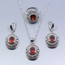 Новая мода Красный Гранат 925 серебро свадебный набор украшений для женщин серьги ожерелье, подвеска, цепочка подарочная коробка JS189