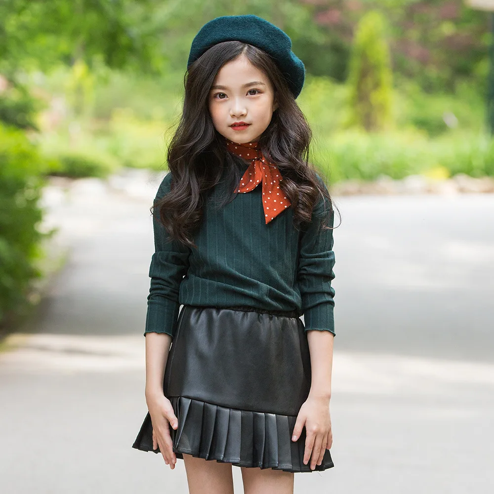 

Spring Autumn 2PCS Teens Girl Clothes Set Knitted T-shirt Tops + Leather Skirt Outfit Child Suit Teenage Clothing Sets CA254