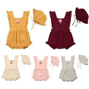 

5 Colors Cute Infant Baby Girl Romper+Hats 2pcs Ruffles Sleeveless Flower Solid Romper Jumpsuit Outfits Clothes
