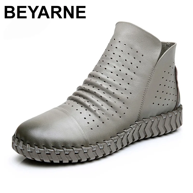 

BEYARNE Ankle Boots Women Leather Shoes Breathable Hole Casual Booties Soft Cowhide Design Handmade Genuine Leather Women Boots