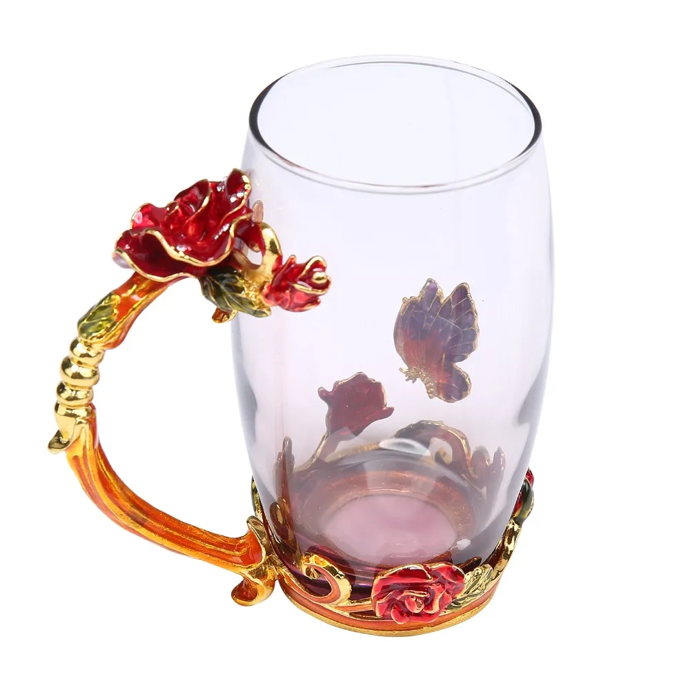 Классическая роза бабочка эмалированная стеклянная чайная чашка Термостойкое стекло es воды для дома и офиса посуда для напитков подарок для влюбленных