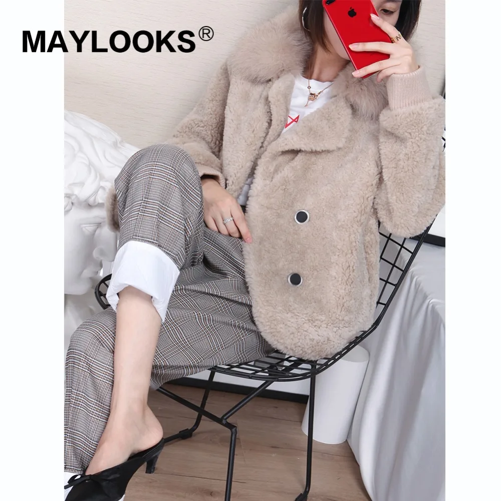 

maylooks women's winter warm genuine wool fur with turn-down collar winter coat lady coat jacket overcoat 18107