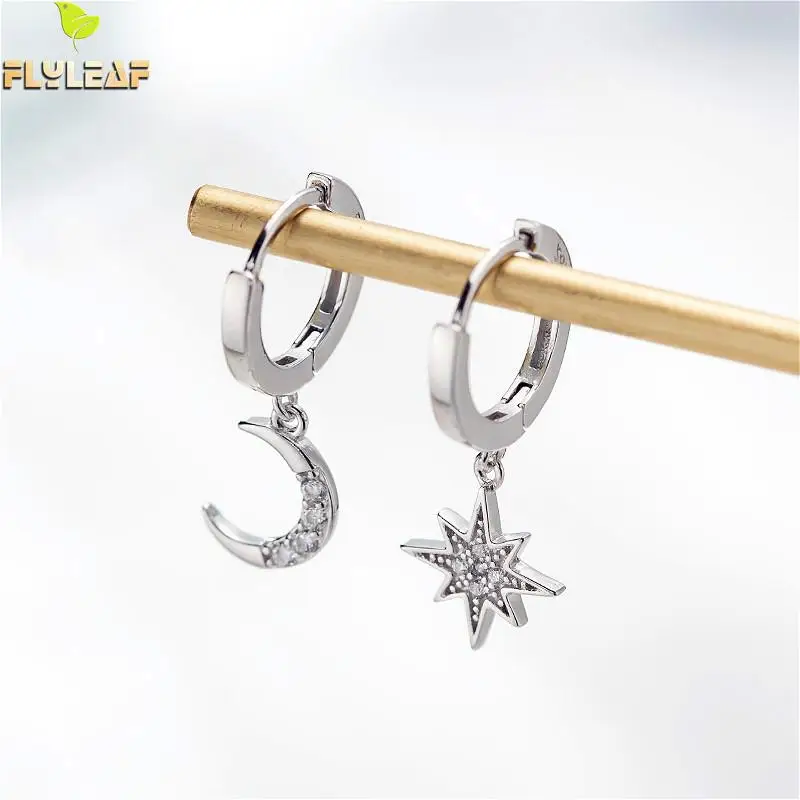 

Flyleaf Round Asymmetry Star Moon Drop Earring For Women Real 925 Sterling Silver Cubic Zirconia Earings Fashion Jewelry Wedding