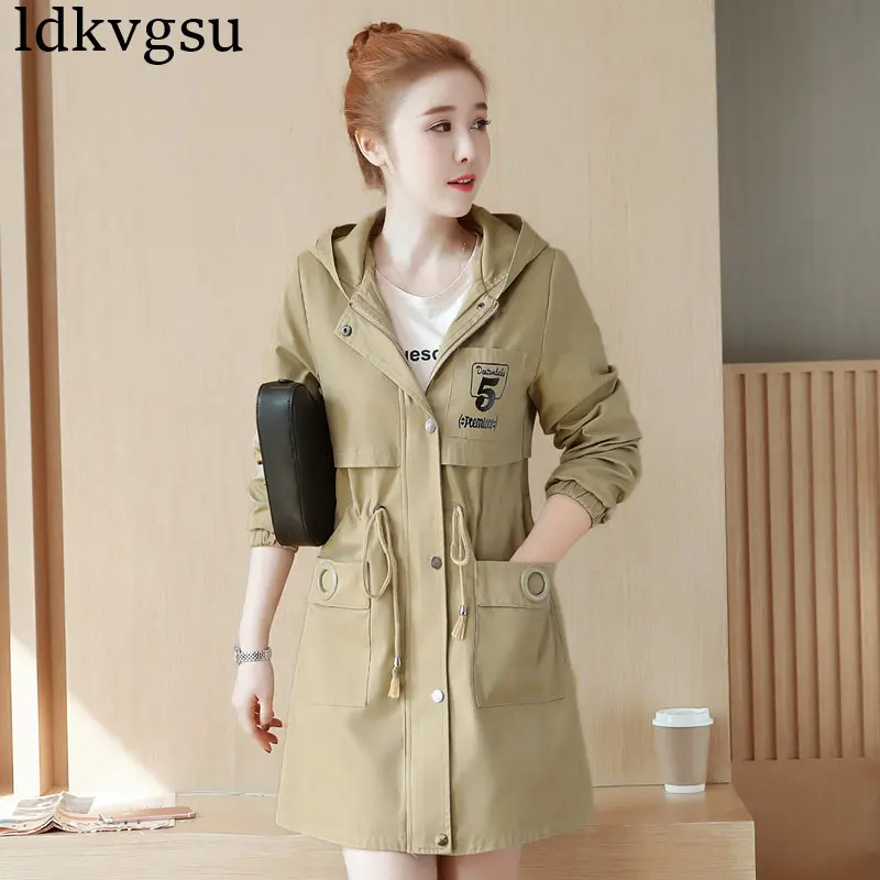 Femmes Trench Slim A847 Était 2019 Armygreen Pull Mode Coupe Capuche À Décontracté Automne Longue khaki Léger pink coréen Femelle Printemps coats Nouvelle vent sQhrCxtd
