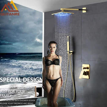 

Quyanre LED Gold Shower Faucets Set Rainfall Golden Shower Head Single Handle Mixer Tap Bathroom Shower Faucet Wall Mount