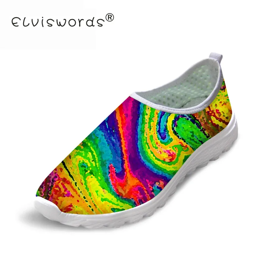 

ELVISWORDS Women Summer Mesh Shoes Casual Slip on Breathable Female Zapatillas Flats Ladies Oil Painting Printing Leisure Shoes