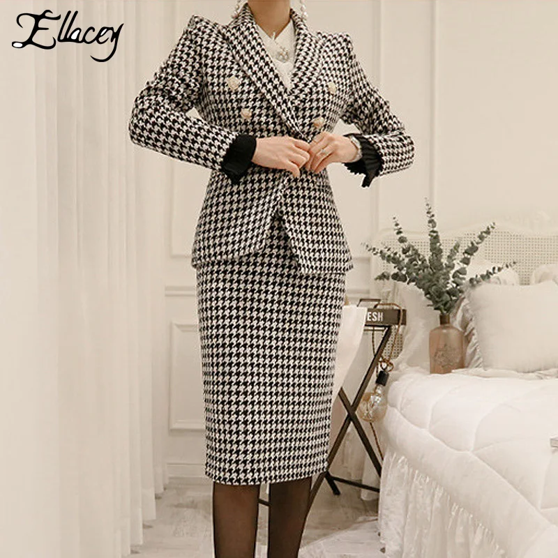 

Ellacey Houndstooth Office Lady Business Skirt Suits Black White Plaid Suits For Women Blazer and Knee-Length Skirt 2 Pieces Set