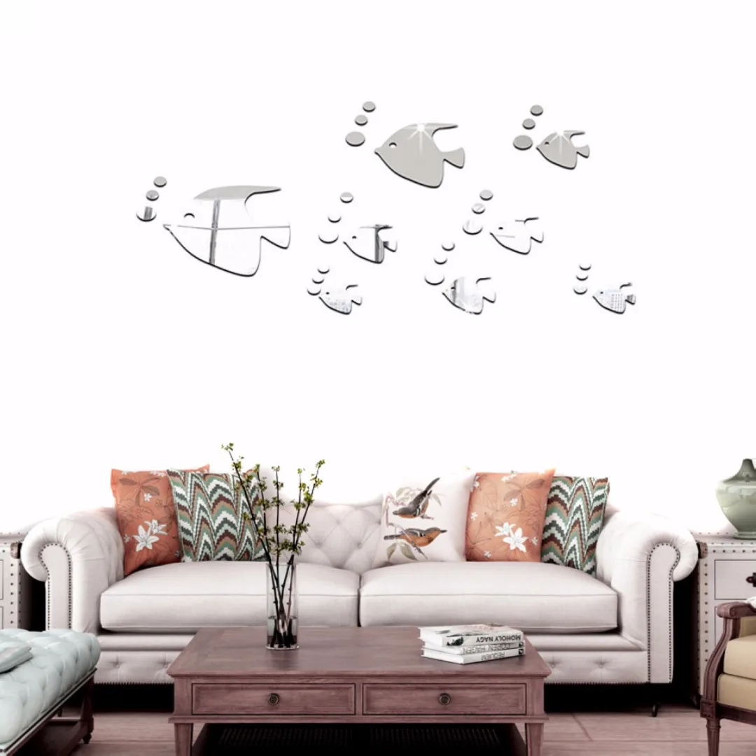 3D Mirror Wall Stickers DIY Removable Set Sea Fish Bubble Mural Decal Acrylic Bathroom Decoration adesivo de banheiro