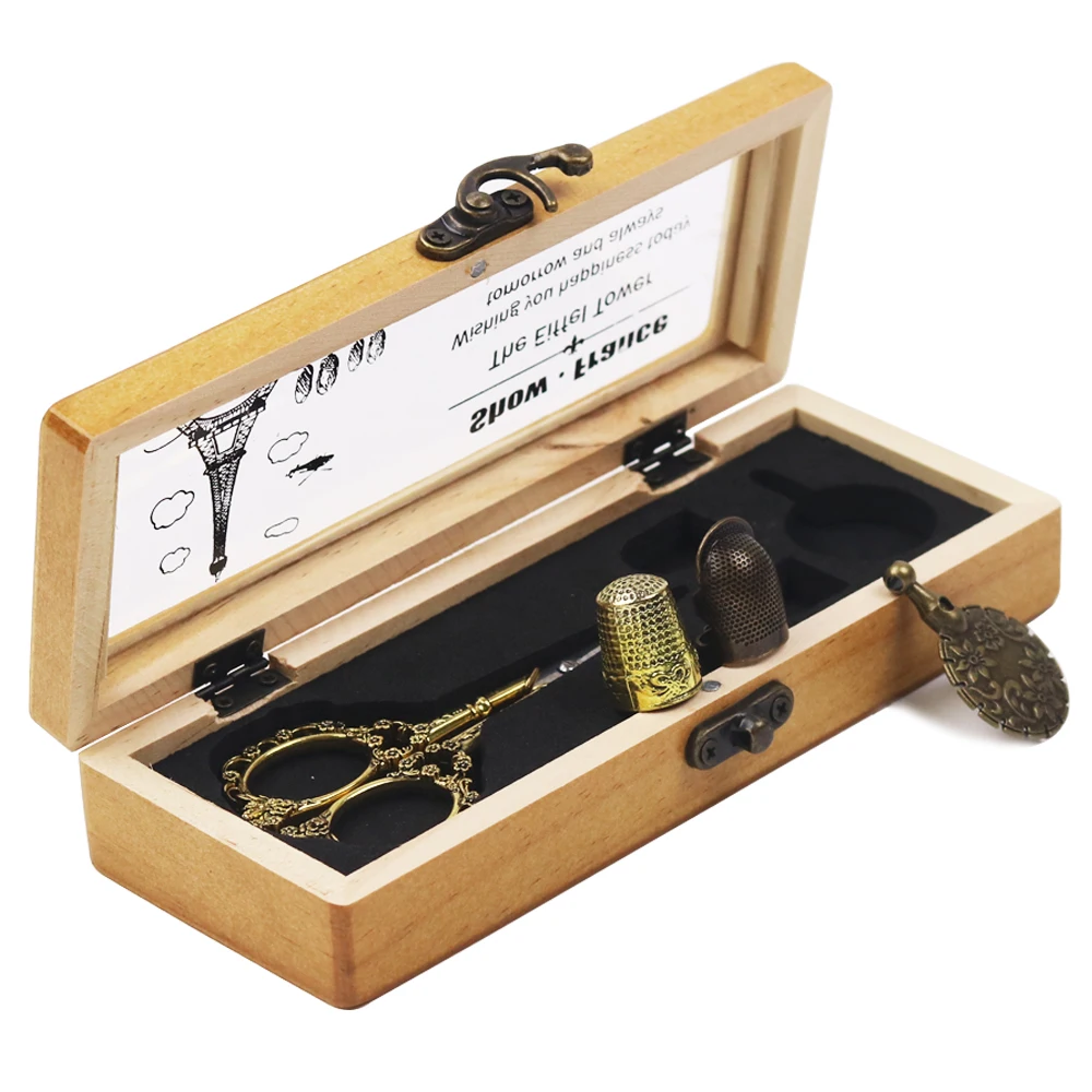 

4Pcs/ Set Sewing Tool Set Vintage Scissors/ Thread Cutter/ Metal Sewing Thimble/ Wood Storage Box Sewing Kits For Needlework