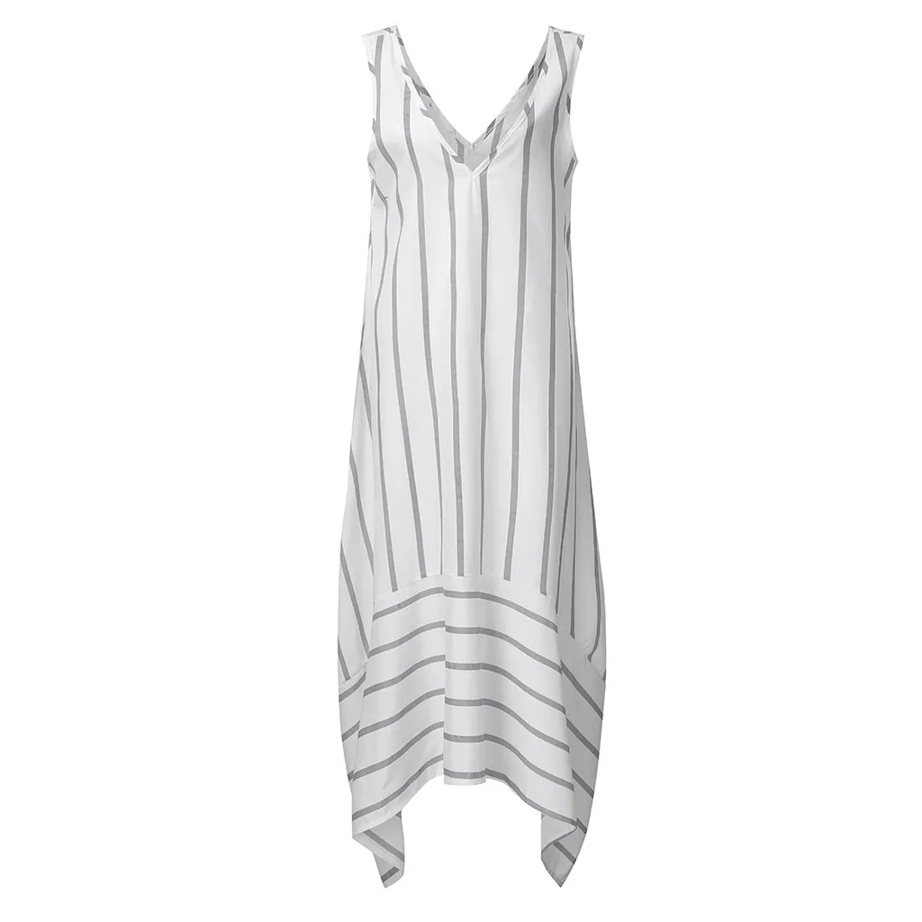 

Summer Dress 2019 Women Casual V-Neck Patchwork Sling Irregular Sleeveless Striped Printed Dress Sexy Summer Beach Dresses#D10