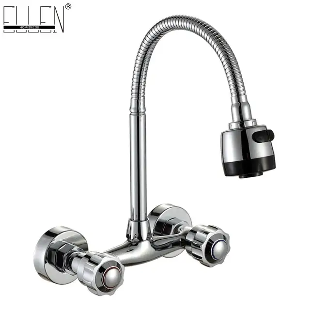 Cheap Wall Mounted Kitchen Faucet  Hot and Cold Water Mixer Crane Two Hole Kitchen Sink Faucets Copper  Chrome Finished