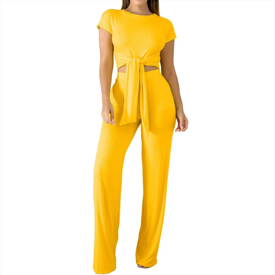 

New product summer explosion women's tie with thin solid color short-sleeved wide-leg pants suit Gym Sportswear Workout Clothes