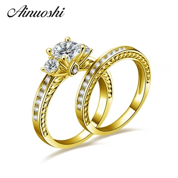

AINUOSHI Solid 14K Yellow Gold Wedding Rings Set Round Cut Sona Simulated Diamond Engagement Ring Women Wedding 14K Gold Jewelry