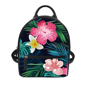

THIKIN Women Stylish PU Leather Small Backpack Student School Bookbags 3D Tropical Plants Custom Daypack for Ladies Travel Bag