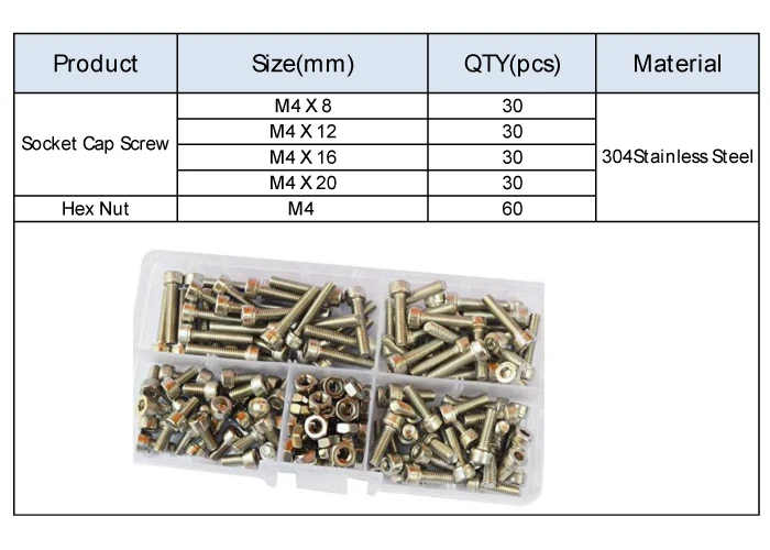 M4 шестигранный колпачковый винт с внутренним шестигранником гайка с метрической резьбой внутренний шестигранник Аллен Болт Набор гаек набор коробка 180 шт, 304 нержавеющая сталь