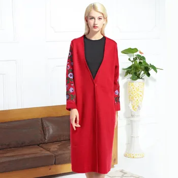 

Winter Embroidered Coat Women 2018 New V-Neck Single Covered Button Long Sleeved Loose Casual X-Long Coats Female M-XL