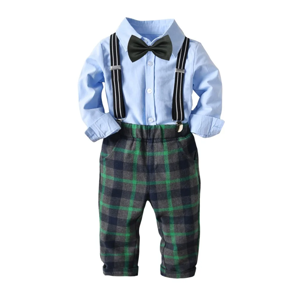 

Boys suit casual cotton solid plaid shirt +plaid pants strap + bow tie boy formal suit children clothes boys suit for wedding
