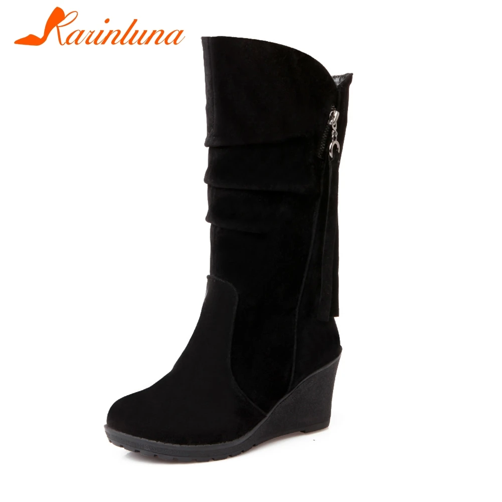 

KARINLUNA New Solid Fringe Wedges High Heels Hot Sale Shoes Woman Casual Winter Mid-Calf Boots Black Large Size 28-52