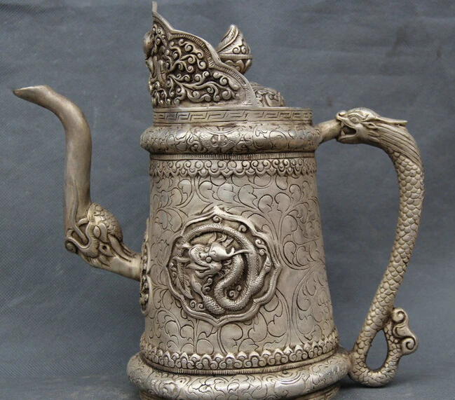 

117@g++10" Chinese Palace Silver Dragon Beast Head Handle Water Wine Tea Pot Flagon statue