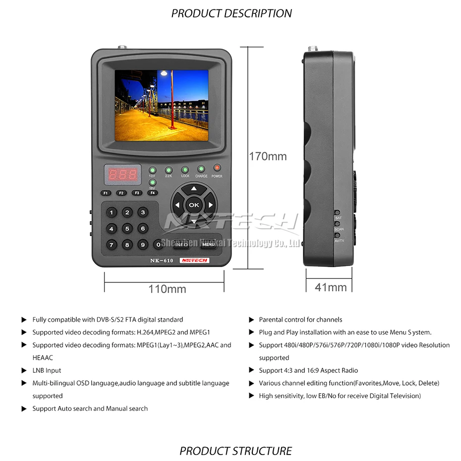 NKTECH HD цифровое спутниковое устройство поиска ТВ-сигнала NK-610 монитор камеры CCTV тестер Аналоговый Камера s-Video Аудио Тесты 1080 P 3," TFT