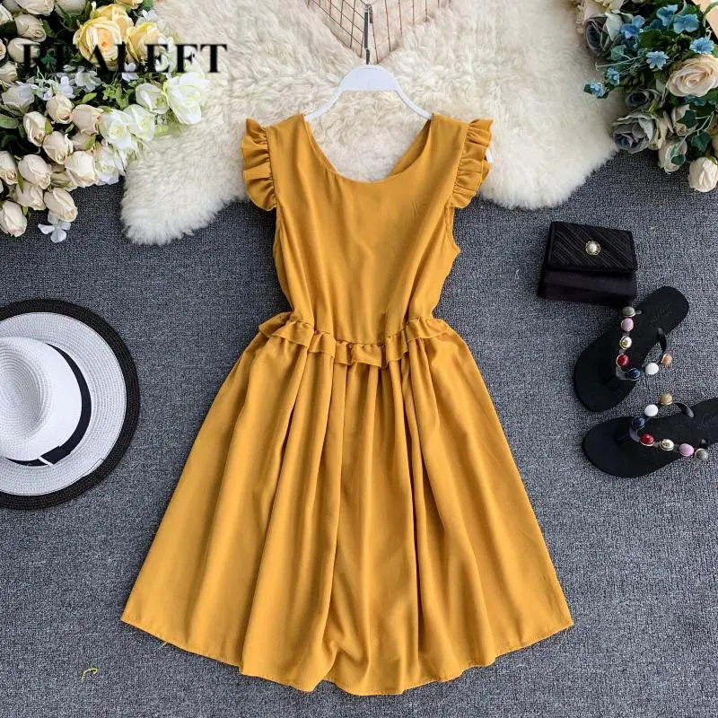 

REALEFT New Arrival Elegant Women Mini Dresses Elegant Tank Solid Color O-Neck High Waist Party Short Dresses for Womens