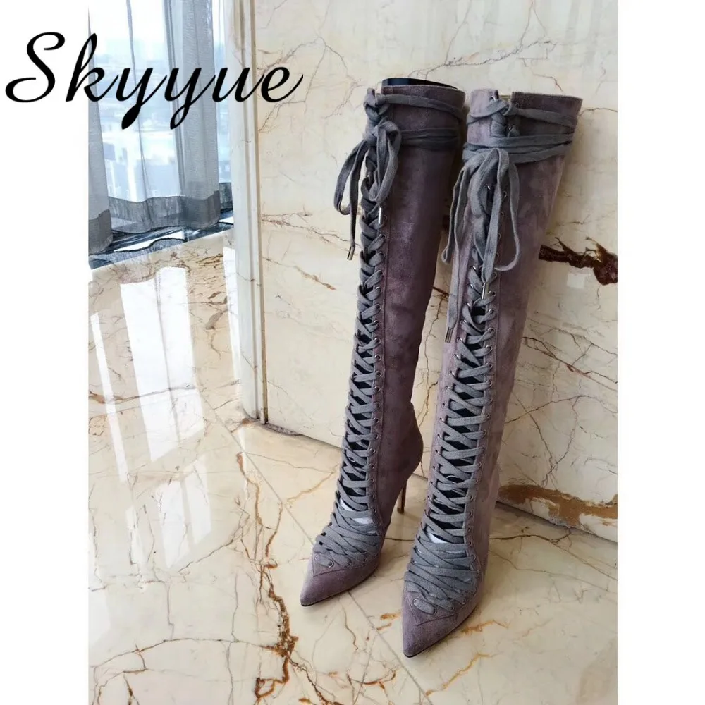 

SKYYUE Genuine Leather Brand Designer Gladiator Lace Up Knee HIgh Boots Pointed Toe Thin HIgh Heel Autumn Winter Boots