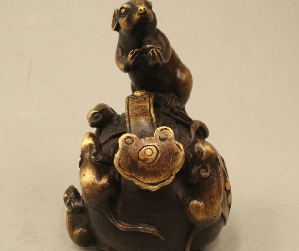 

5" Chinese Folk Feng Shui Bronze Wealth Zodiac Year 3 Mouse Money Bag Ruyi