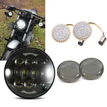 5-3/4 5.75 LED Headlight + Smoked Bullet Front Turn Signal LED Lights for Dyna Softail Sportster iron 883 5 75 round headlamp 5 3 4 inch led headlight drl for harley dyna low rider sportster softail breakout sportster superlow